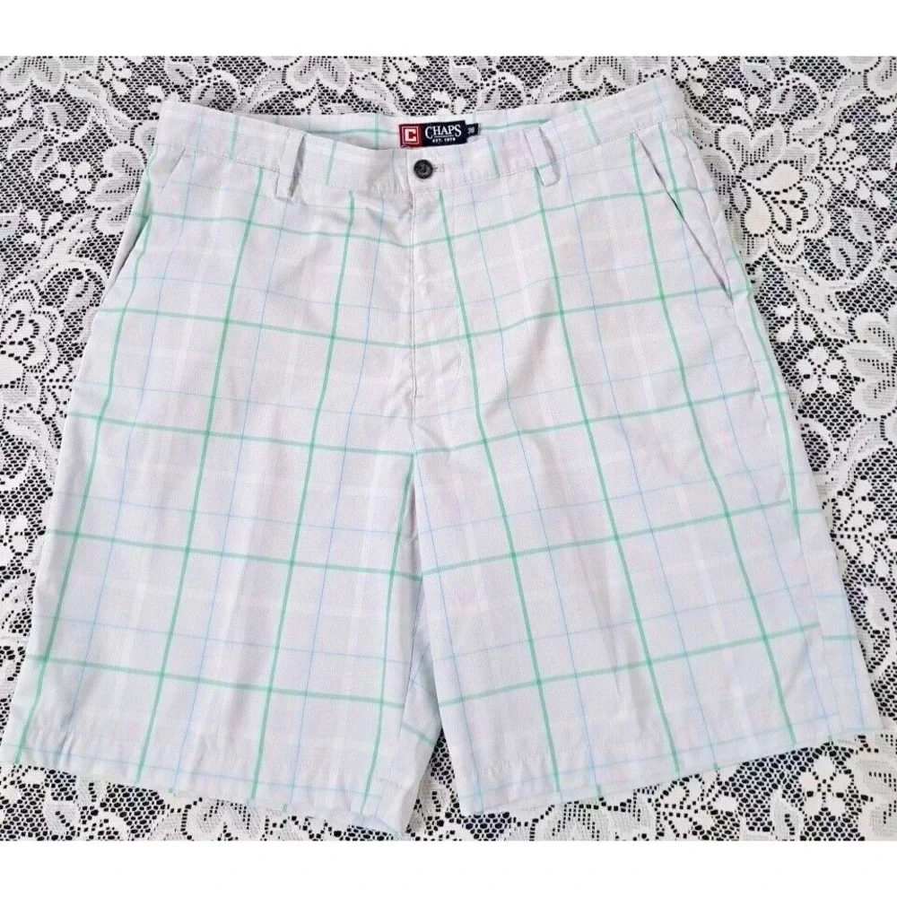 Chaps Golf Shorts Men's‎ 36 Green/Blue/Beige Plaid Casual PolyBlend Pre-owned